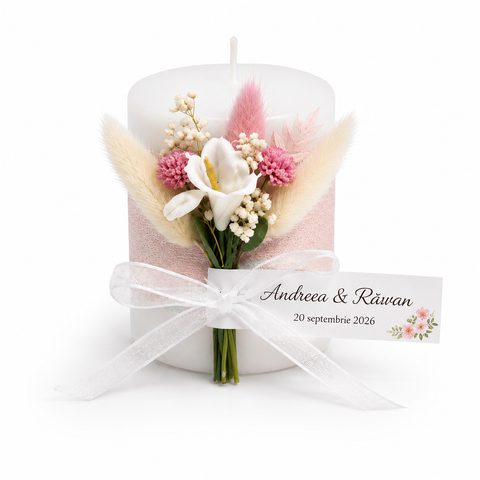 Marturii lumanare alba 7/4,5 cm cu buchet - mod. 54