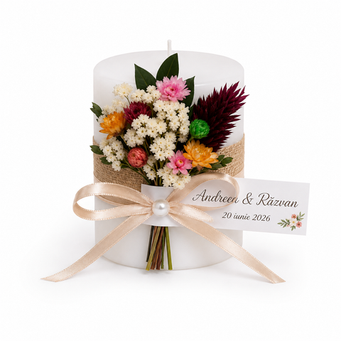 Marturii nunta lumanare alba cu buchet - mod. 53