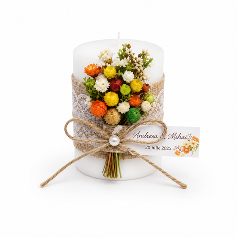 Marturii nunta lumanari albe cu buchet - mod. 55
