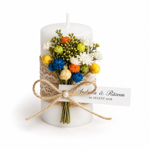 Marturii lumanare alba 7/4,5 cm cu buchet - mod. 3