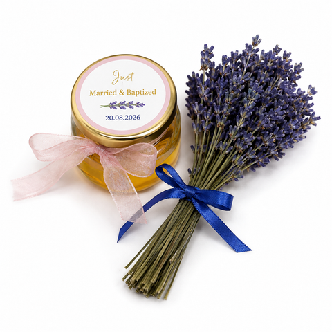 Marturii nunta + botez borcanel miere si buchet lavanda