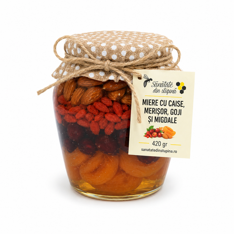 Miere cu caise, merisor, goji si migdale - 420 gr