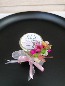 Marturii nunta borcanel miere cu buchet - mod. 60
